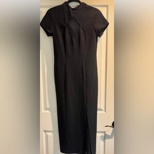 Vintage Styleworks 1990s Black Stretch Cocktail Dress Mesh Illusion Neckline